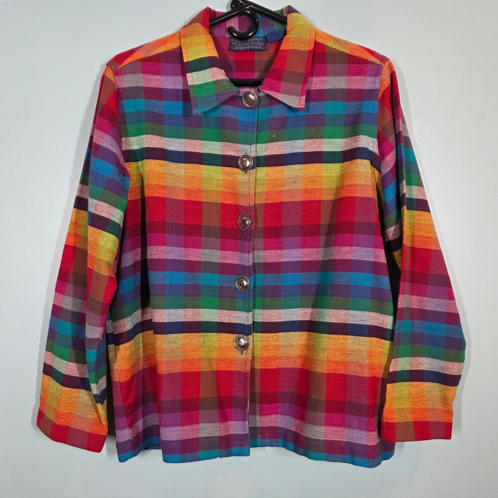 Willow Ridge Womens Rainbow Plaid Cotton Button Front Shirt Jacket Multi Color M